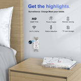Discreet GFCI outlet spy camera with HD 1080P, Wi-Fi, and motion detection features in a modern bedroom setting.