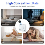 WiFi hidden camera UK plug positioned in bedrooms, pet area, and interior scenes for discreet surveillance.