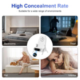 High concealment rate of WiFi hidden camera in various environments: bedroom, pet area, interior, and during theft.