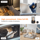 High-concealment WiFi camera in various scenarios: bedrooms, vehicles, pets, and theft prevention.