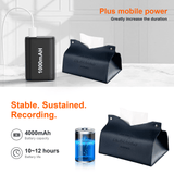 Luxury tissue box WiFi hidden camera showing battery capacity and mobile power for extended recording.
