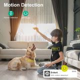 Child interacting with a dog in a living room, showcasing motion detection alerts for smart devices.