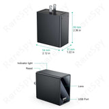Dimensions and features of Connect the WiFi Hidden Pinhole Camera in standard wall plug design.