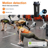 Protein shaker bottle with WiFi hidden camera, featuring motion detection in a gym setting.
