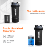 Protein shaker bottle with mobile power, 1000mAh battery, stable recording, and long-lasting performance.