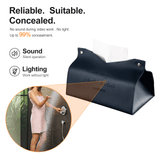 Luxury tissue box featuring concealed WiFi camera; silent operation for discreet surveillance with no lights.