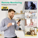 Person using smartphone for remote monitoring, featuring scenes of a thief, elderly, wife, and pet.