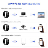 Infographic showing 3 connection methods for smart spy watch: Plug & Play, AP Mode, Remote Viewing.