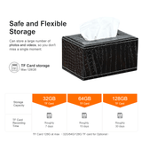 Stylish leather tissue box with tissue, showcasing storage options for TF card up to 128GB, with recording time details.