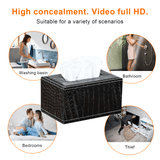Stylish leather tissue box with hidden 1080P WiFi camera, suitable for various scenarios like bathrooms and bedrooms.