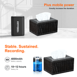 Stylish leather tissue box with hidden camera, showcasing mobile power and battery specs for extended recording.