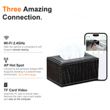 Stylish leather tissue box with hidden WiFi camera features remote viewing, AP hotspot, and TF card video options.