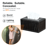 Elegant leather tissue box with hidden WiFi camera, offering 1080P HD and silent operation for discreet monitoring.
