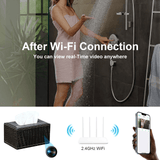 Stylish leather tissue box with hidden camera, showcasing Wi-Fi connection for real-time video streaming.
