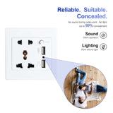 Universal wall outlet with dual USB ports and hidden 1080P camera, featuring silent operation and no lights.