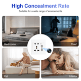 Image showing universal wall outlet WiFi hidden camera in various environments: bedrooms, pet areas, and potential thief scenarios.