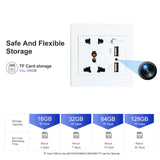 Universal wall outlet with hidden camera, dual USB ports, and TF card storage capacity options.