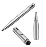 Silver digital voice recorder pen showcasing sleek design, USB port, and detachable tip, ideal for discreet recording.