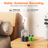 WiFi hidden camera candlelight aroma diffuser with 2000mAh battery for outdoor recording on a nightstand.