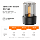 WiFi hidden camera candlelight diffuser with storage options for 32GB, 64GB, and 128GB TF cards for seamless surveillance.