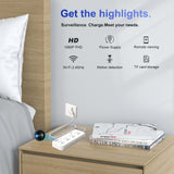 WiFi hidden camera power strip with HD 1080P, remote viewing, and motion detection features on bedside table.