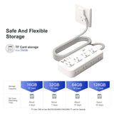 WiFi hidden camera power strip showing safe storage options for TF cards up to 256GB with flexible recording duration.
