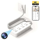 WiFi hidden camera power strip with 4 AC outlets, smartphone app control, and surveillance camera feature.